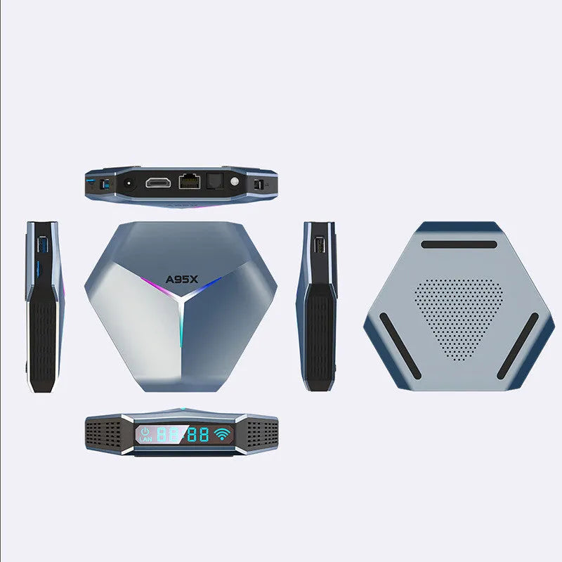 Android smart TV set-top box with remote control supporting 8K video playback and dual-band Wi-Fi connectivity