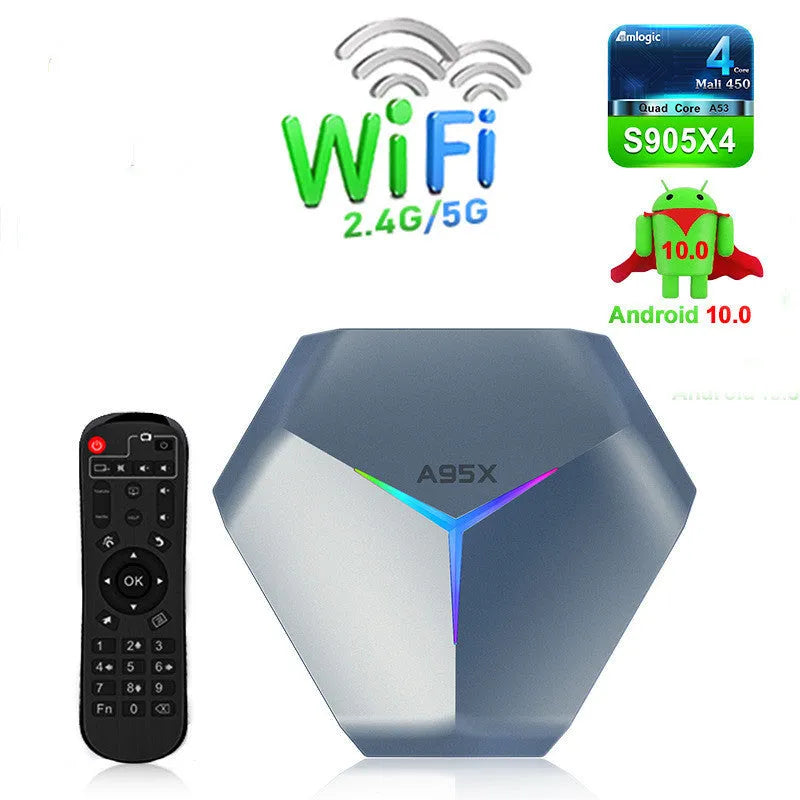 Android smart TV set-top box with remote control supporting 8K video playback and dual-band Wi-Fi connectivity