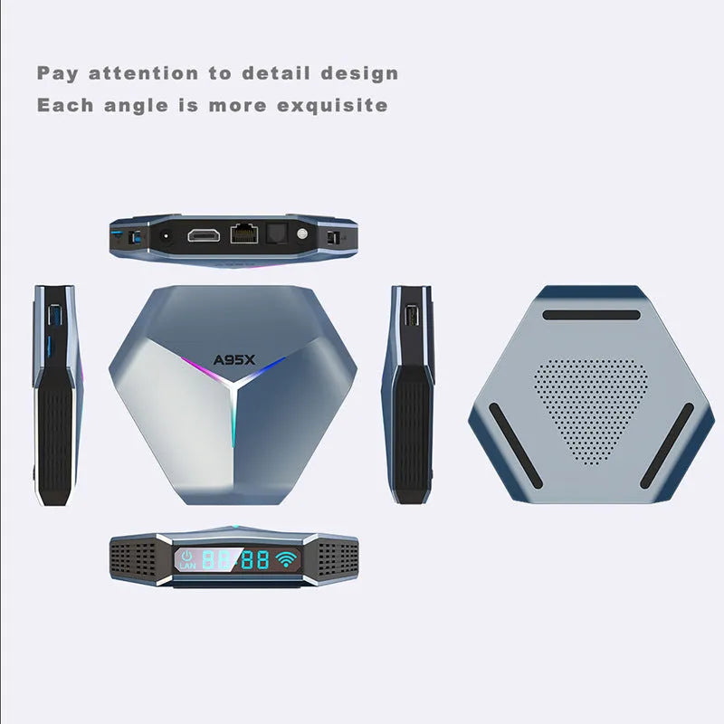 Android smart TV set-top box with remote control supporting 8K video playback and dual-band Wi-Fi connectivity