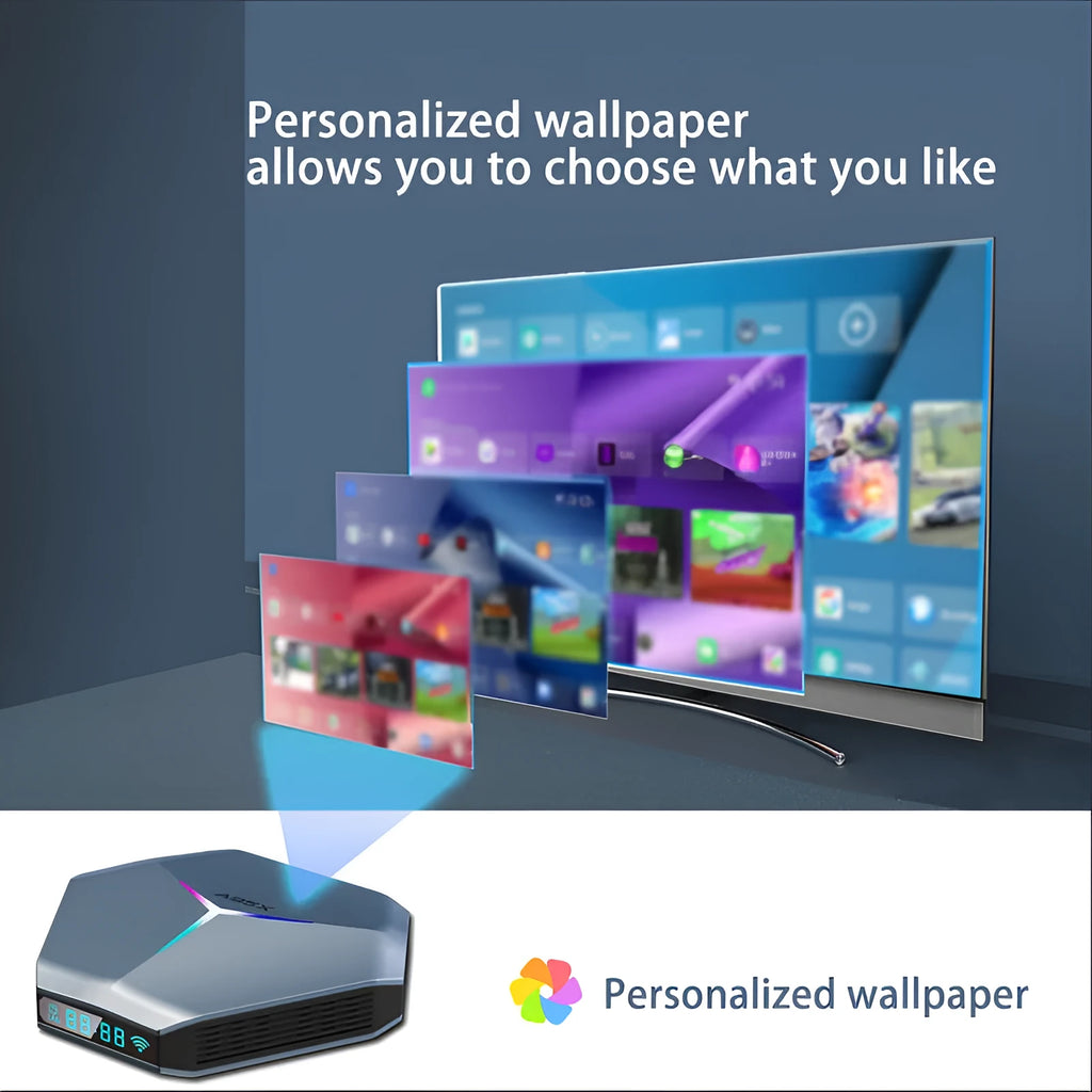 Android smart TV set-top box with remote control supporting 8K video playback and dual-band Wi-Fi connectivity