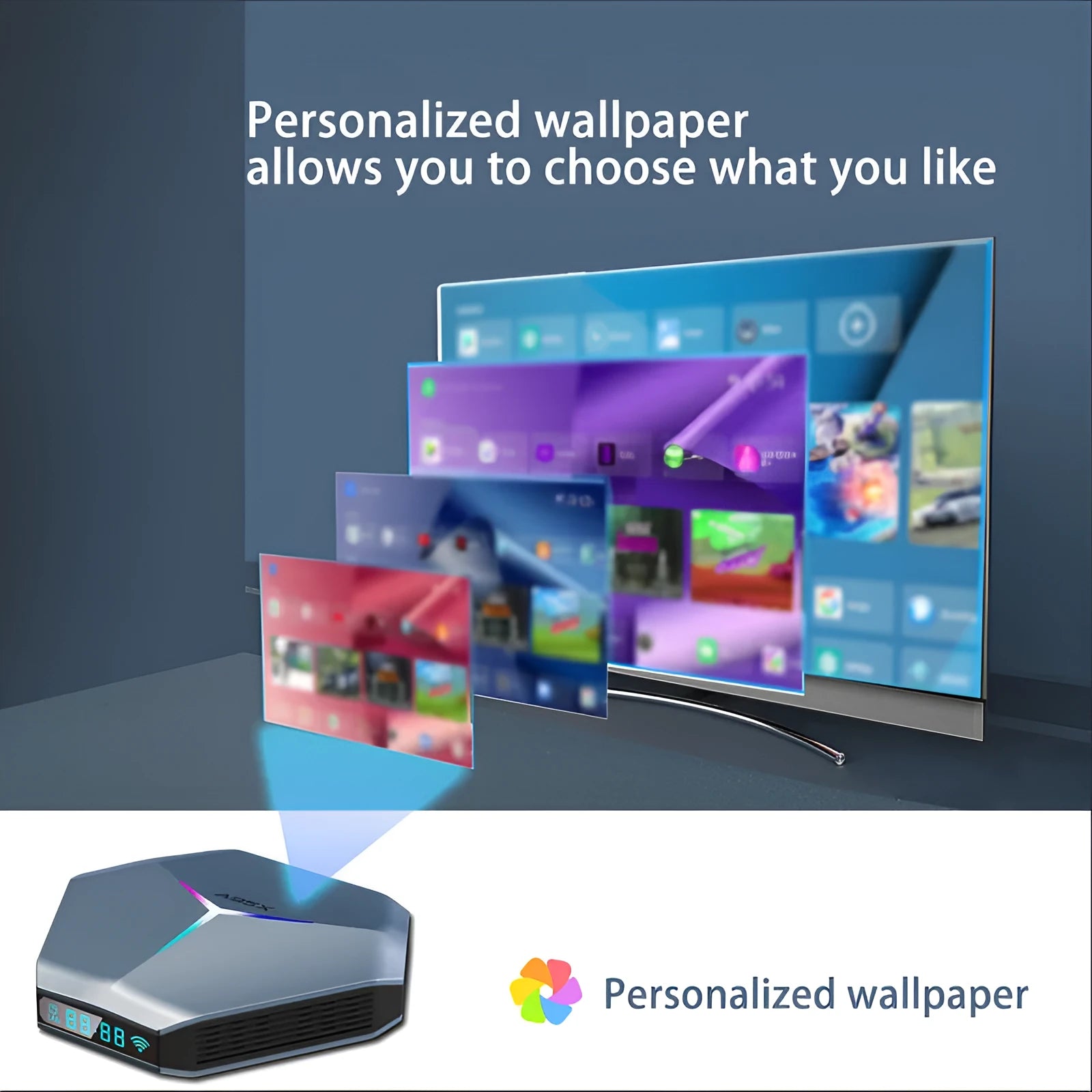 Android smart TV set-top box with remote control supporting 8K video playback and dual-band Wi-Fi connectivity
