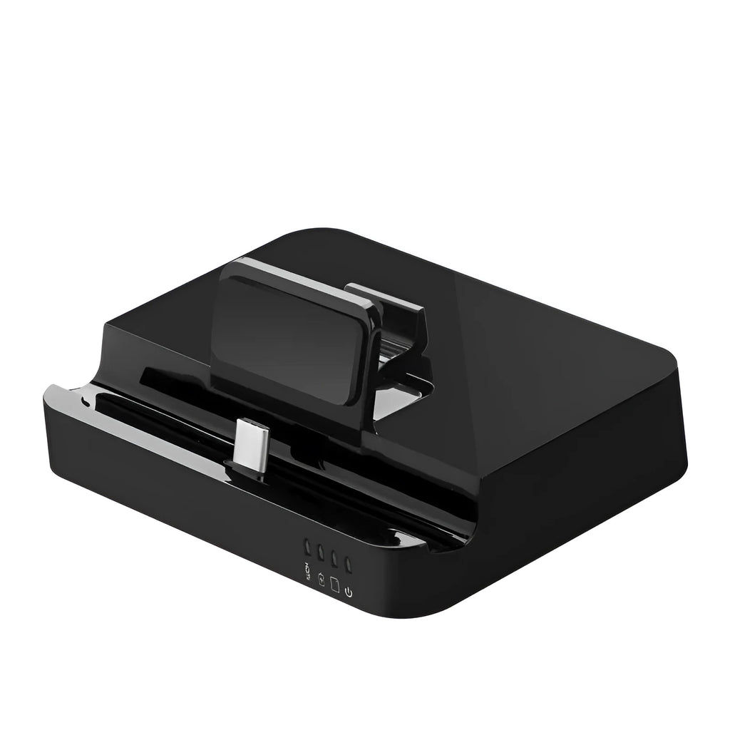 Black aluminium USB-C to HDMI converter dock for connecting mobile phones and laptops to monitors.