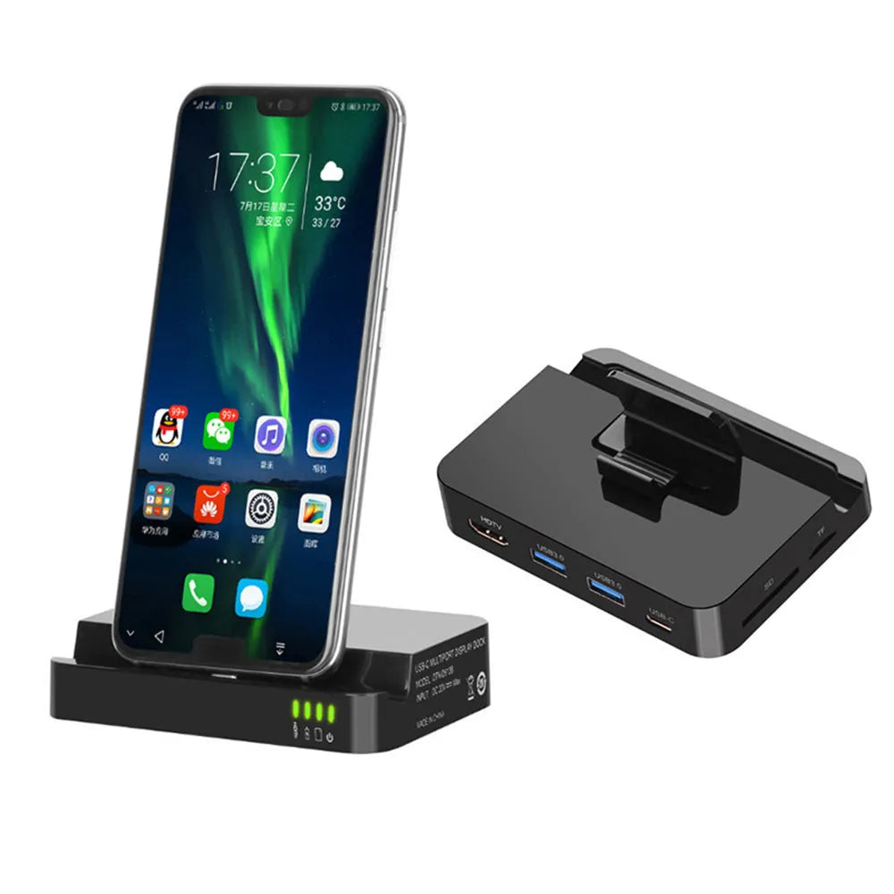 Black aluminium USB-C to HDMI converter dock for connecting mobile phones and laptops to monitors.