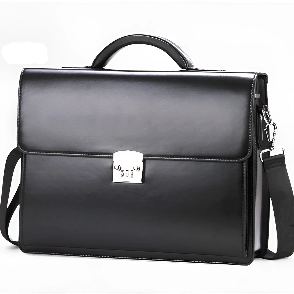 Black PU leather men's business briefcase with horizontal square design and single shoulder strap