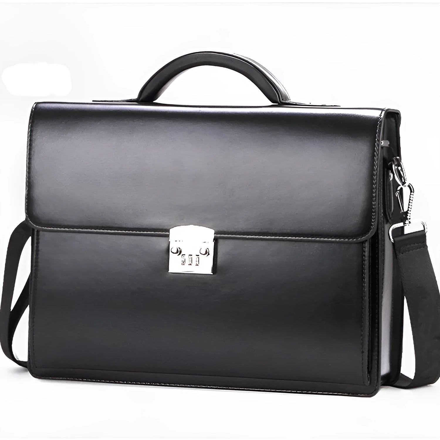 Black PU leather men's business briefcase with horizontal square design and single shoulder strap