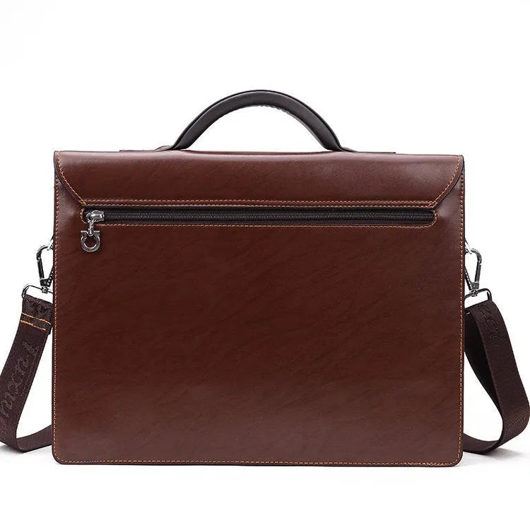 Black PU leather men's business briefcase with horizontal square design and single shoulder strap