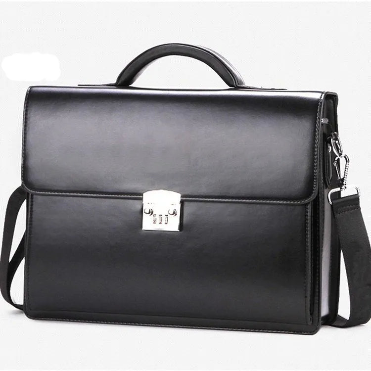 Black PU leather men's business briefcase with horizontal square design and single shoulder strap