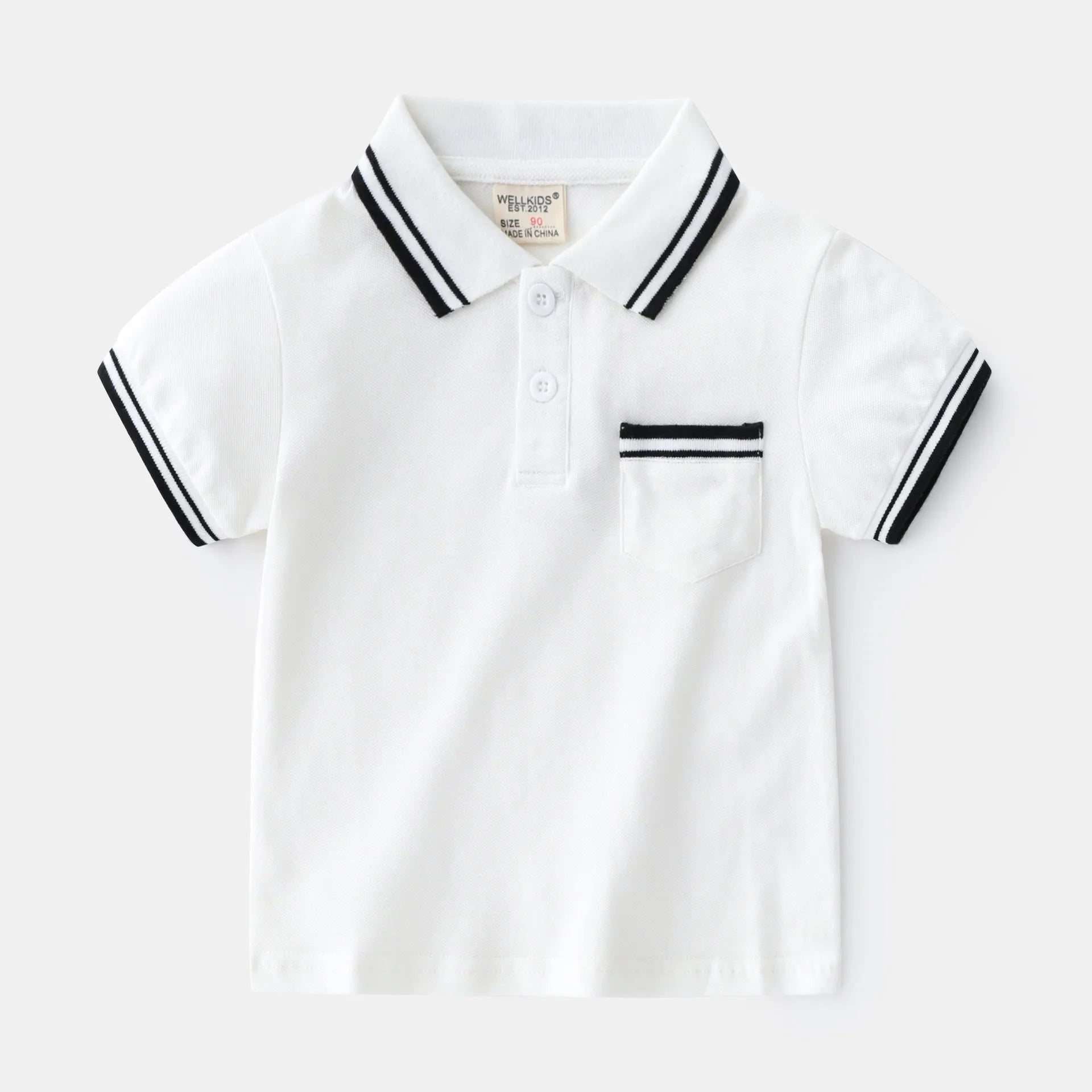 Boys white cotton polo shirt with short sleeves and round neck for summer wear