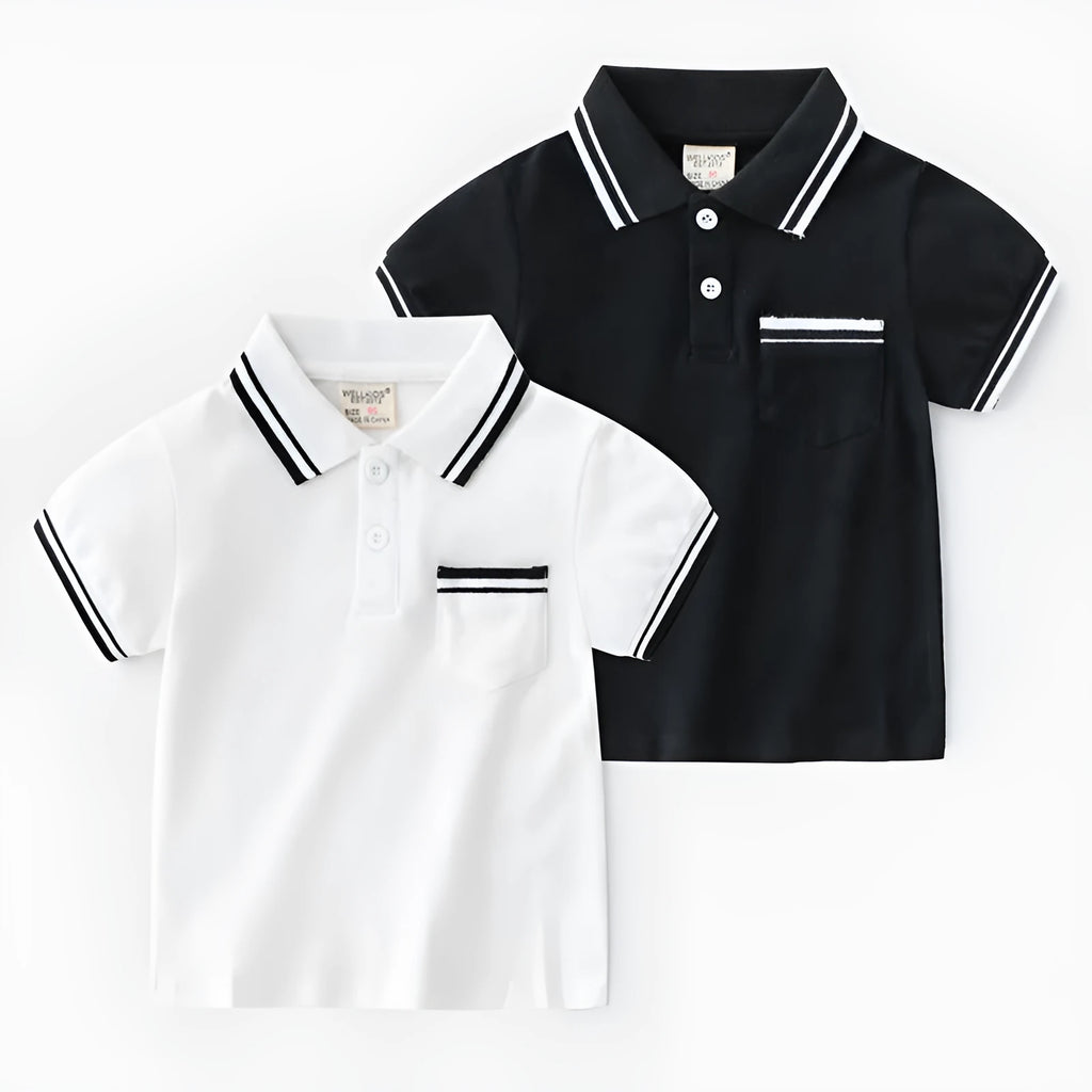 Boys white cotton polo shirt with short sleeves and round neck for summer wear