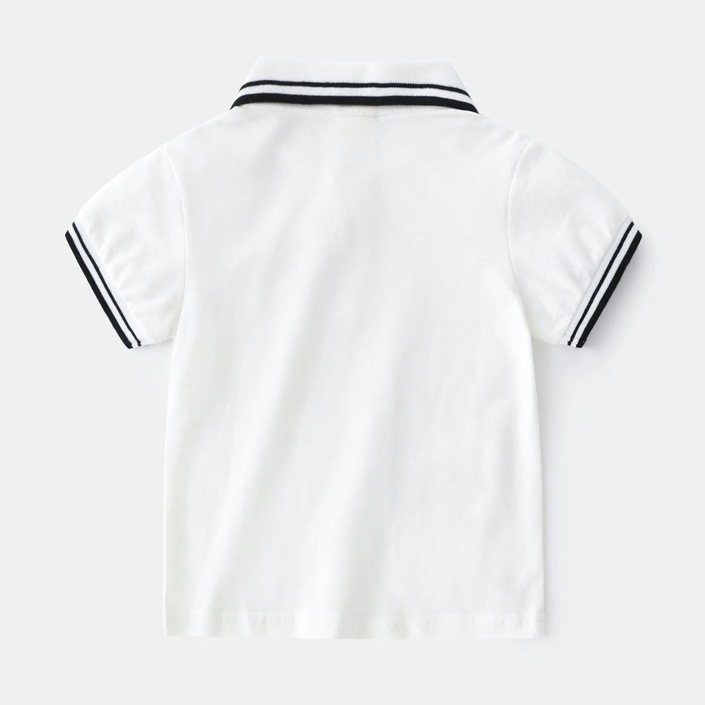Boys white cotton polo shirt with short sleeves and round neck for summer wear