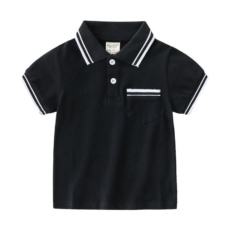 Boys white cotton polo shirt with short sleeves and round neck for summer wear