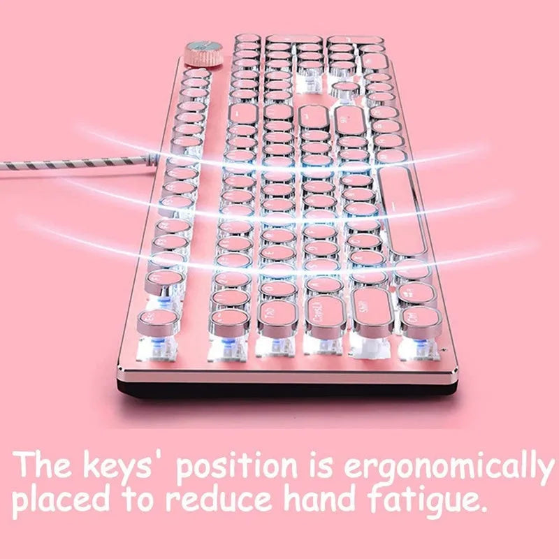 Mechanical keyboard and mouse set with green switches, white LED backlighting on silver base with pink accents