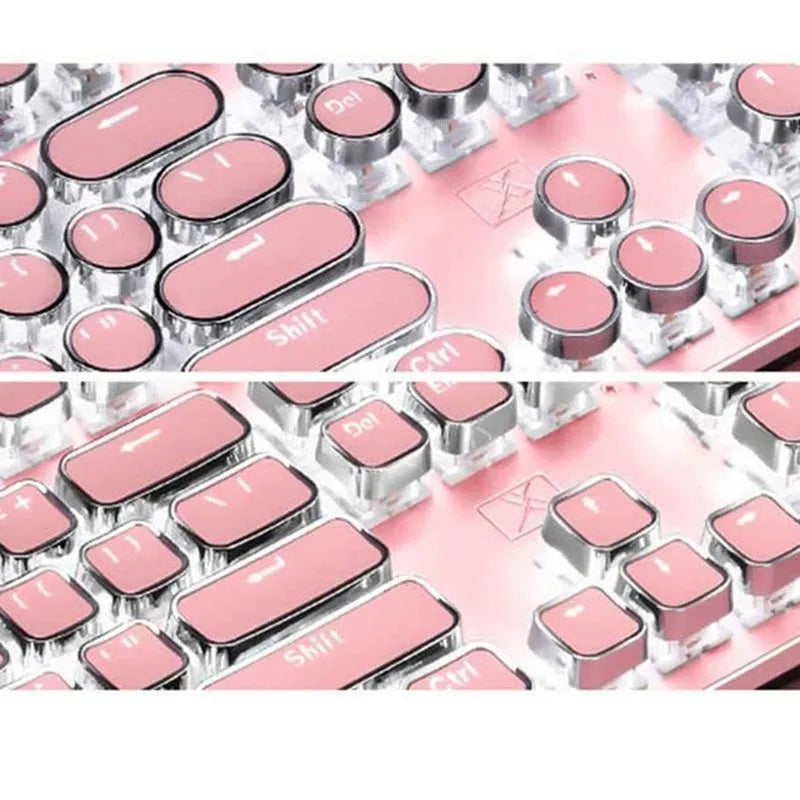 Mechanical keyboard and mouse set with green switches, white LED backlighting on silver base with pink accents