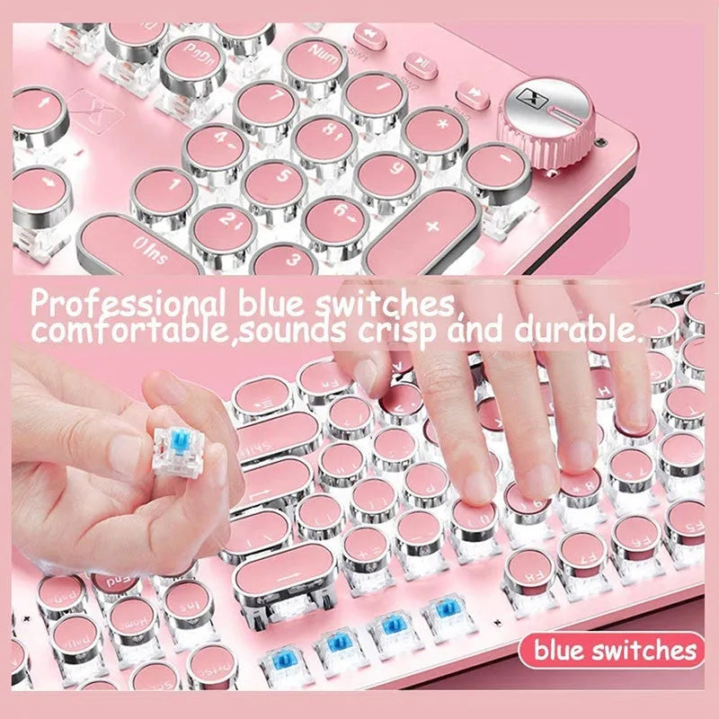 Mechanical keyboard and mouse set with green switches, white LED backlighting on silver base with pink accents
