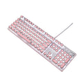 Mechanical keyboard and mouse set with green switches, white LED backlighting on silver base with pink accents