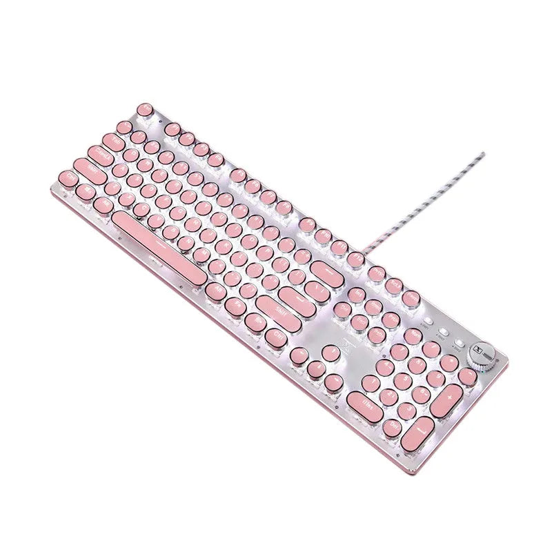 Mechanical keyboard and mouse set with green switches, white LED backlighting on silver base with pink accents