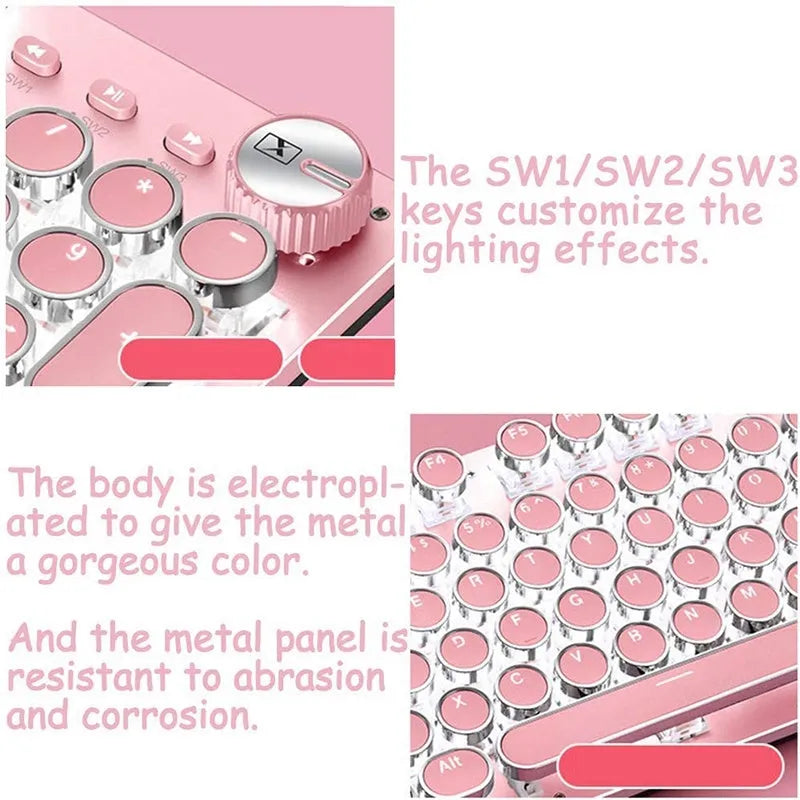 Mechanical keyboard and mouse set with green switches, white LED backlighting on silver base with pink accents