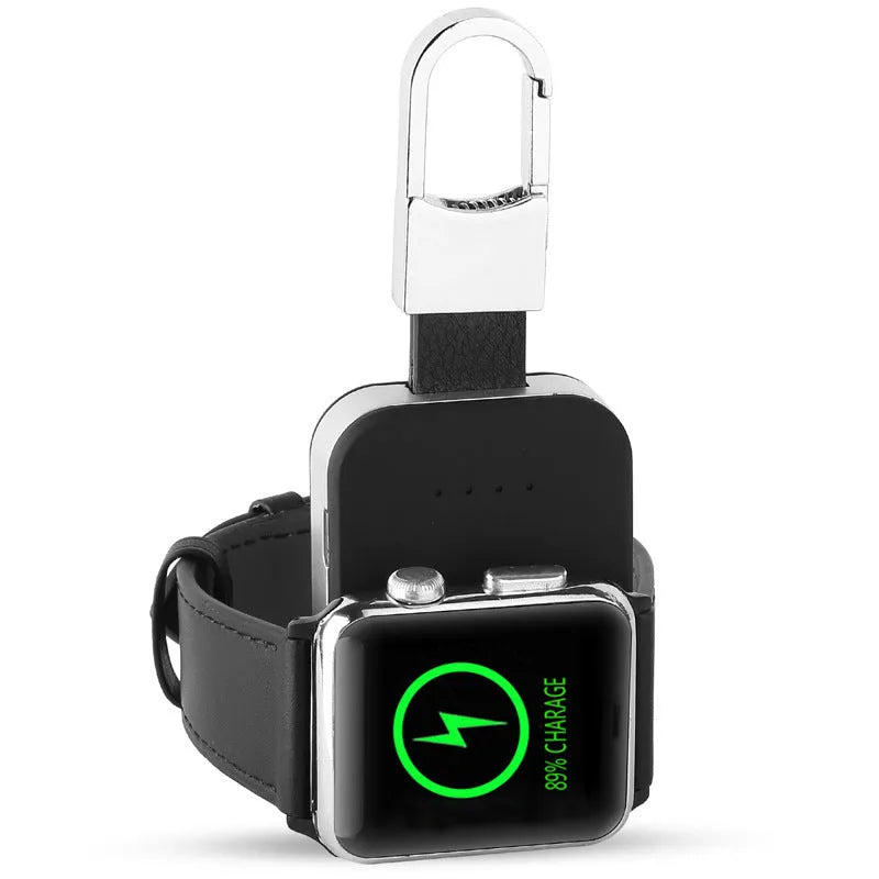 Black Apple Watch keychain power bank showing portable wireless charger dimensions