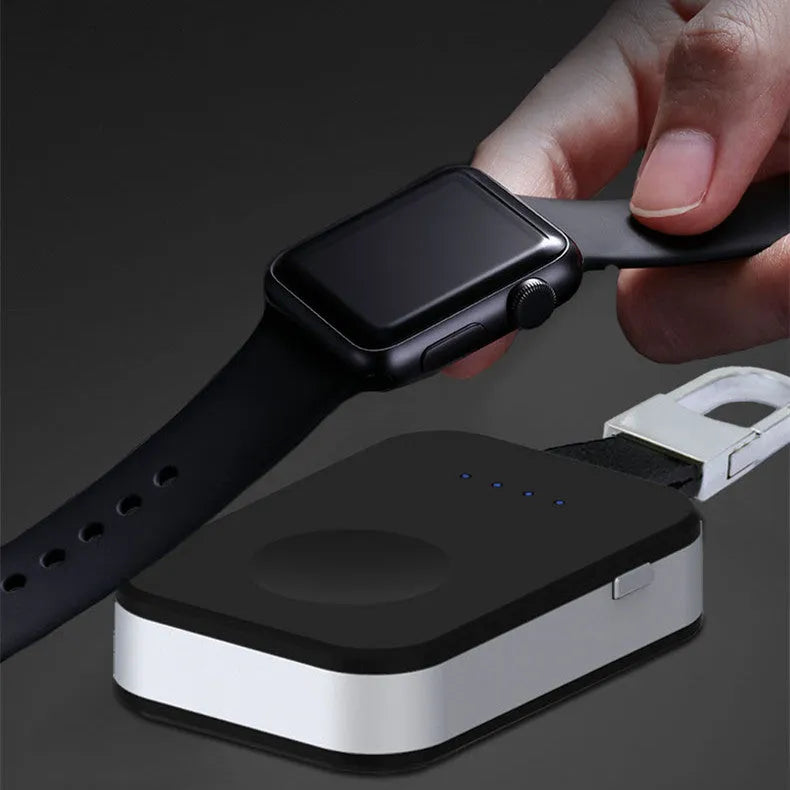 Black Apple Watch keychain power bank showing portable wireless charger dimensions