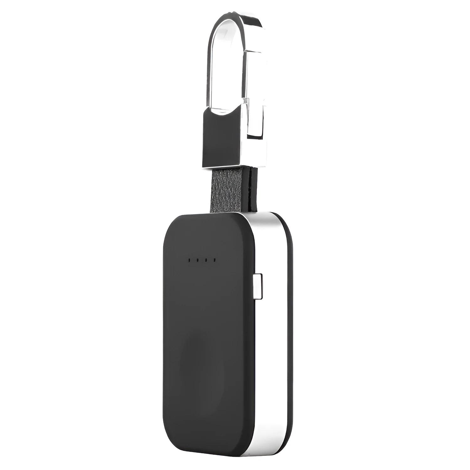 Black Apple Watch keychain power bank showing portable wireless charger dimensions
