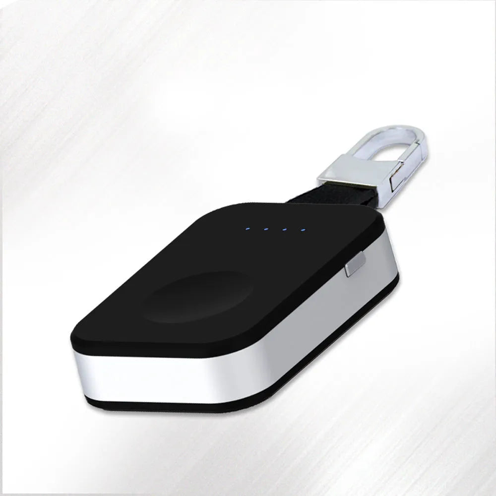 Black Apple Watch keychain power bank showing portable wireless charger dimensions