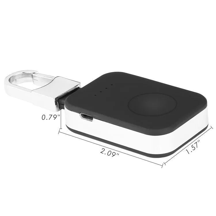 Black Apple Watch keychain power bank showing portable wireless charger dimensions
