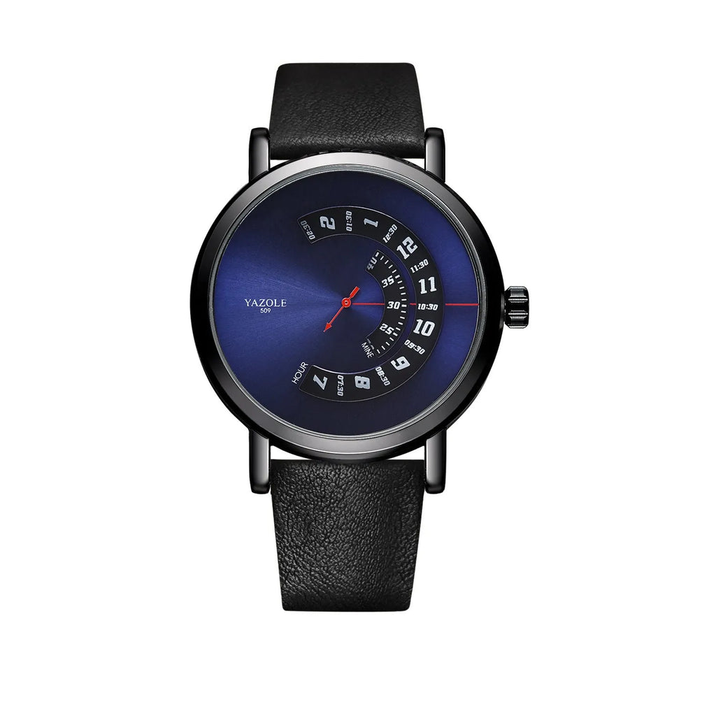 Men's silver and black waterproof quartz wristwatch with turntable-style dial on a metal strap