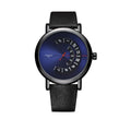 Men's silver and black waterproof quartz wristwatch with turntable-style dial on a metal strap
