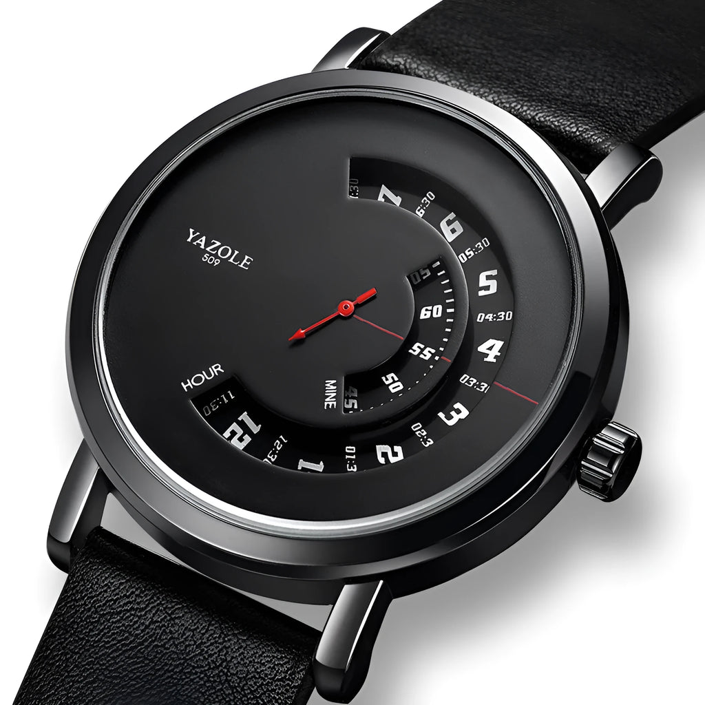 Men's silver and black waterproof quartz wristwatch with turntable-style dial on a metal strap