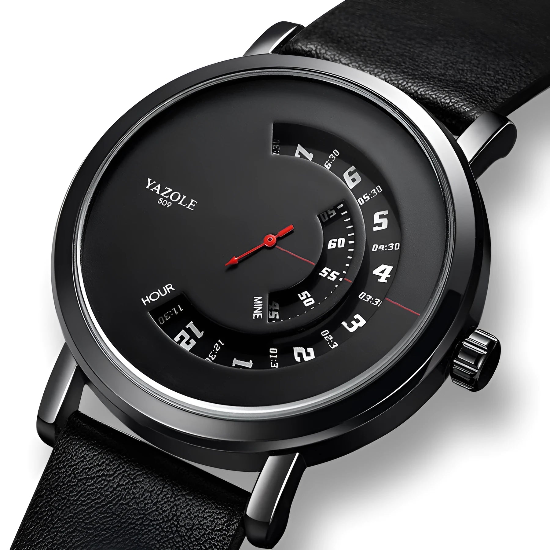 Men's silver and black waterproof quartz wristwatch with turntable-style dial on a metal strap