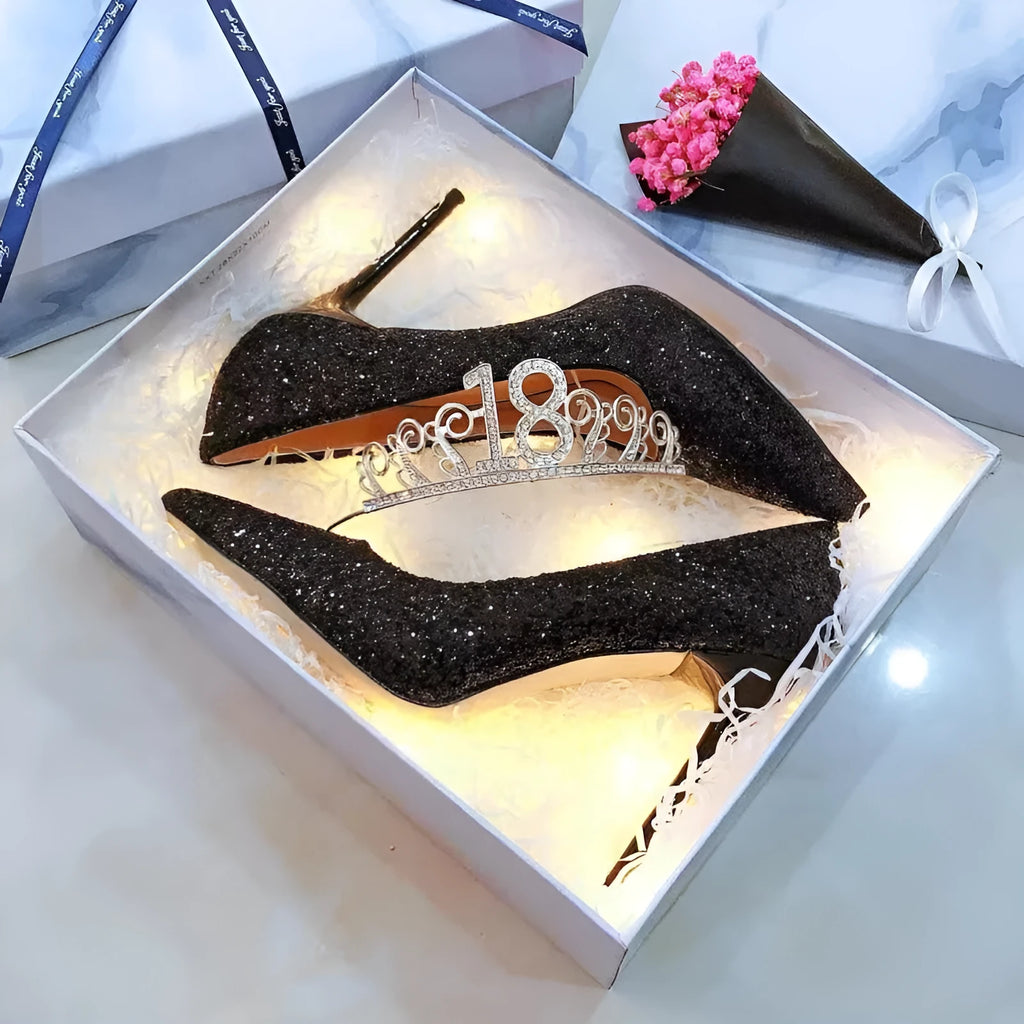 Women's black and silver wedding stiletto heels with crystal decoration on PU material