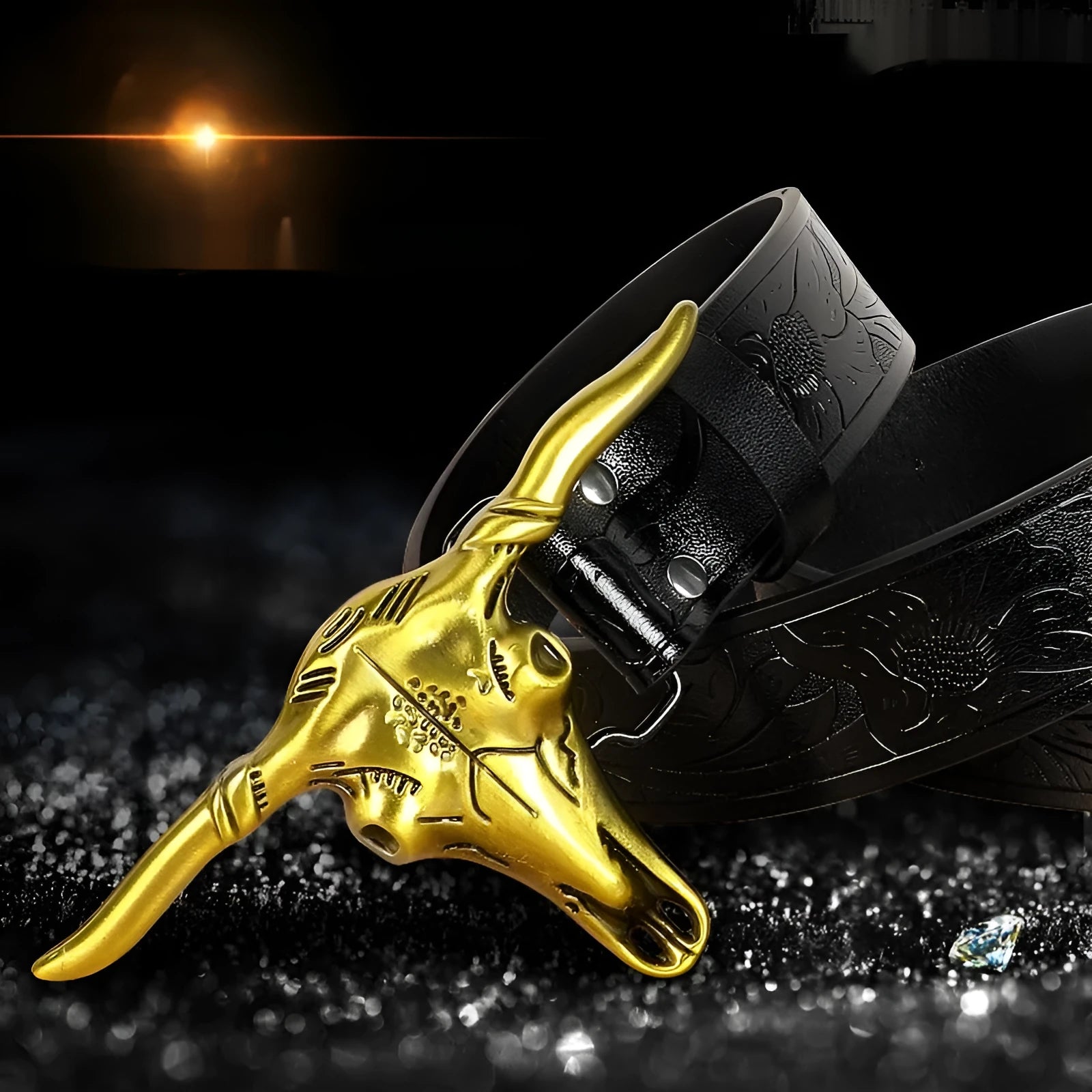 Men's black imitation leather belt with detailed cow head alloy buckle and pin closure