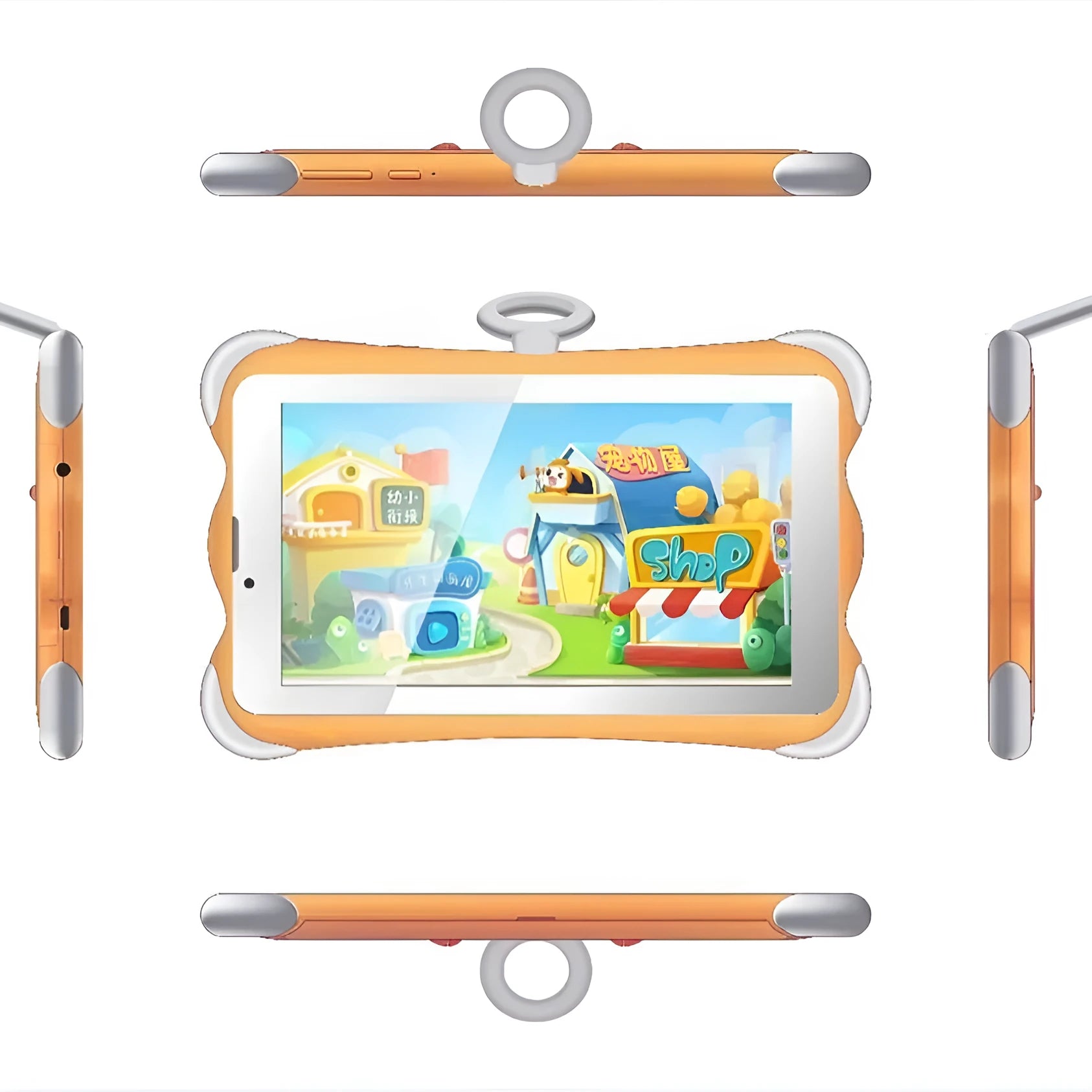 A 7-inch children's learning tablet in a cartoon colour, shown with its stand, on a table.