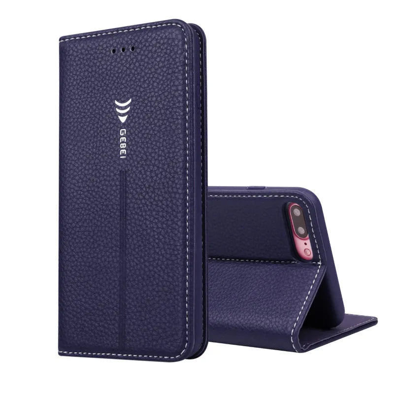 Black PU leather wallet-style case open to show card slots, next to an iPhone.