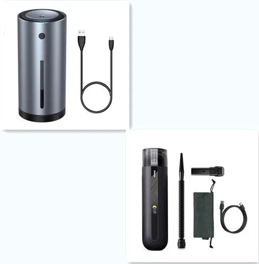 BASEUS wireless handheld car vacuum cleaner in black, white, or green with blowing hose attachment.