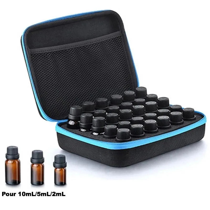 Red EVA essential oil storage bag with 30 compartments for 15ml bottles, shown with zipper open.