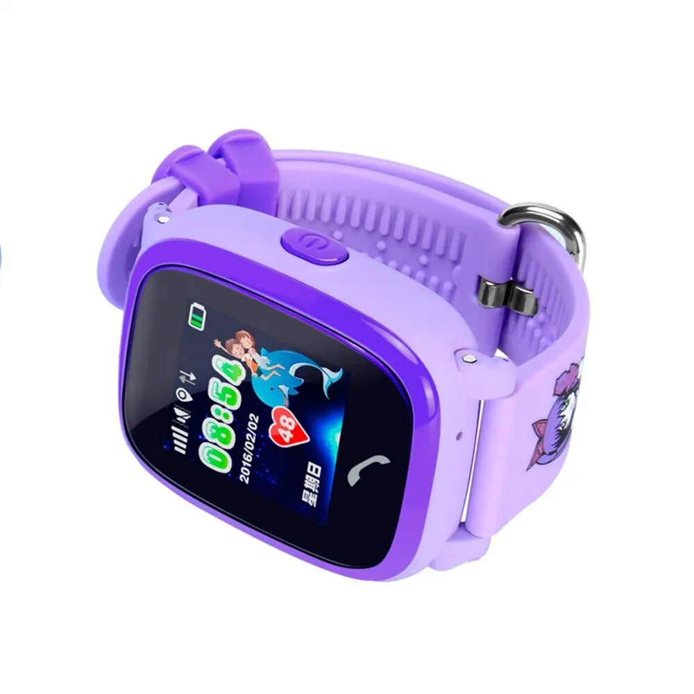 DF25 blue children's waterproof smart watch with touch screen and silicone strap showing SOS button