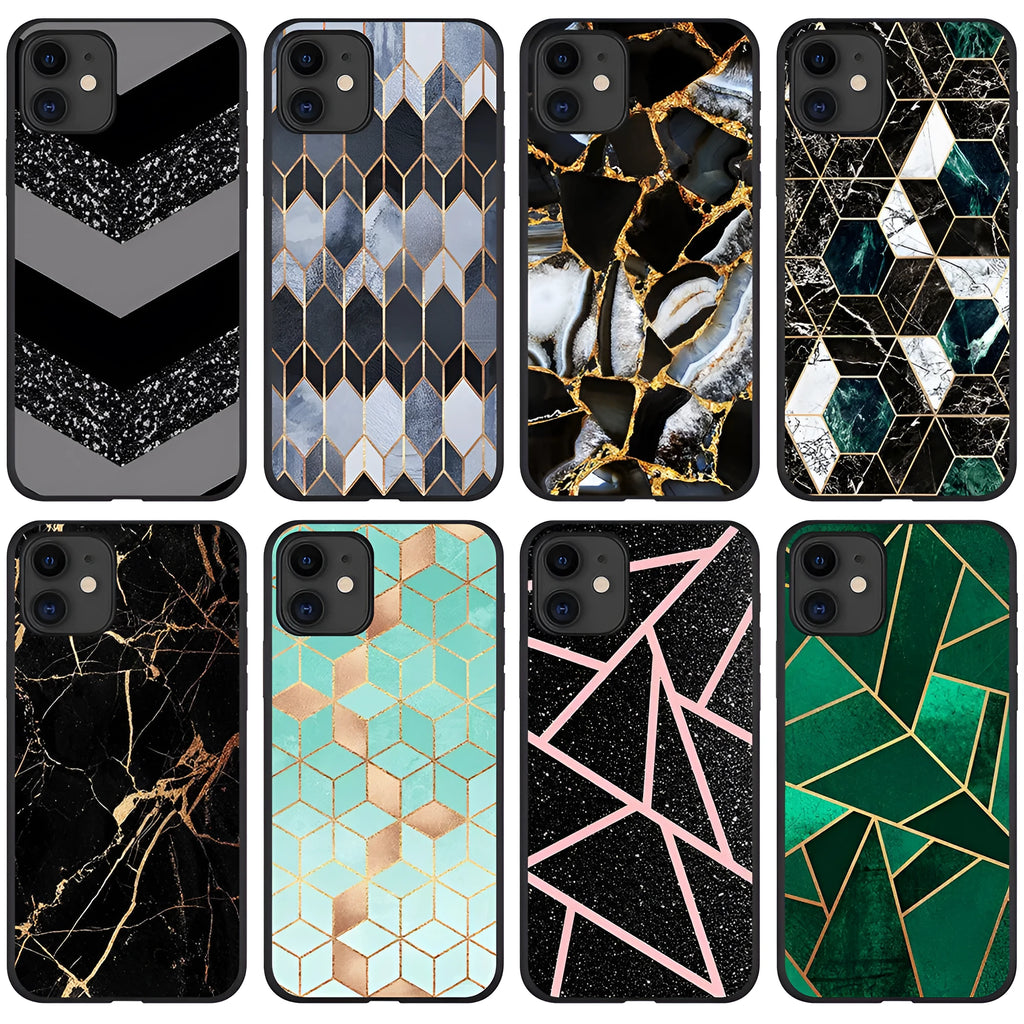 White marble pattern on a slim black iPhone case showing camera and port cutouts.
