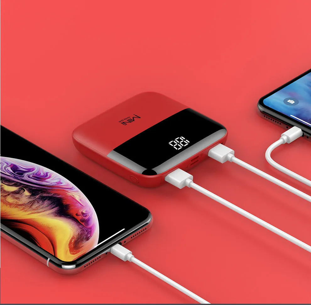 Android portable power bank with digital display showing battery percentage