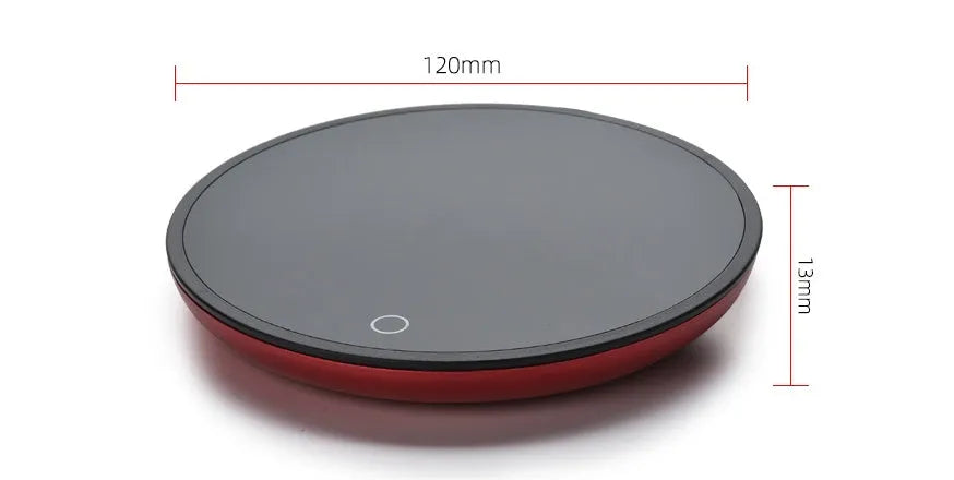 Black circular mug warmer with tempered glass surface and temperature switch