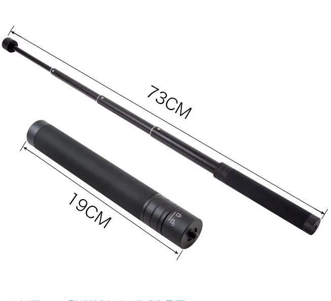 Black retractable selfie stick with phone bracket and anti-shake clip extended for use.