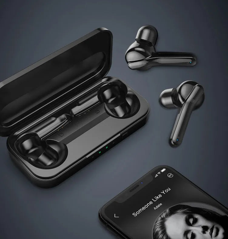 Black and white true wireless Bluetooth 5.0 earbuds with IPX5 waterproof rating