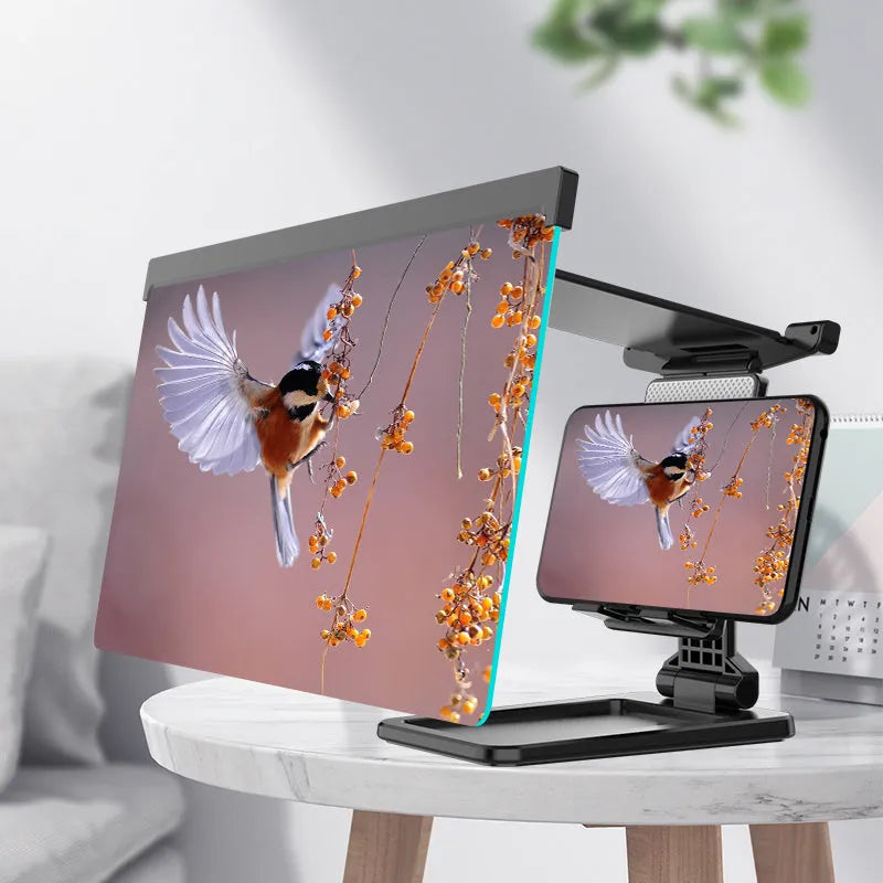 Black folding mobile phone screen amplifier with detachable holder showing 12-inch curved display
