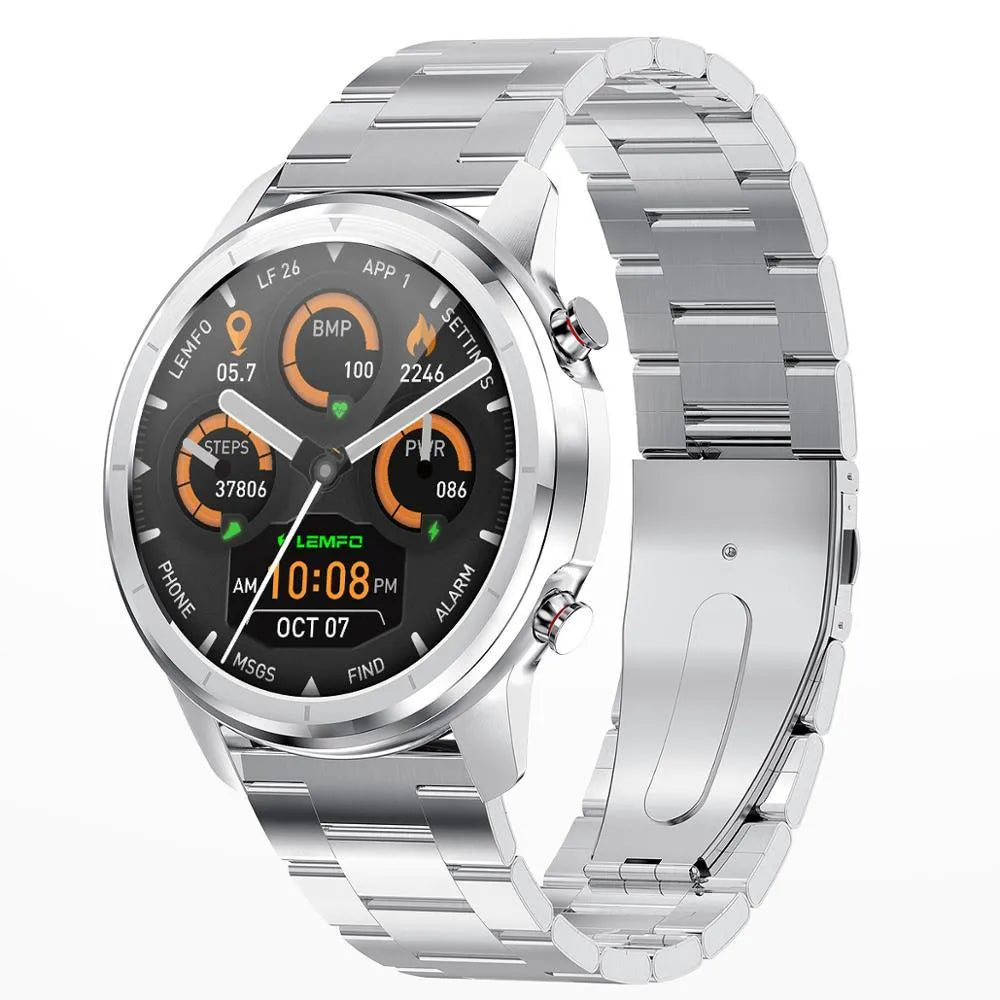 LEMFO LF26 smart fitness bracelet with touch screen, shown in black and silver colour options on a wrist.