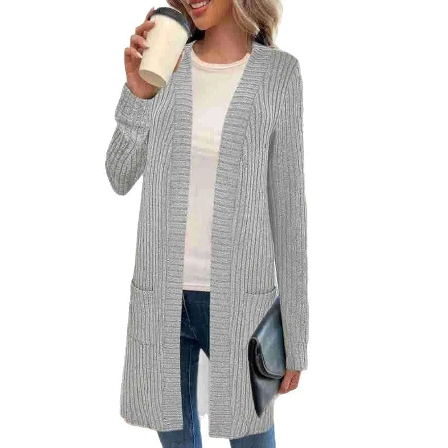 Long sleeve loose fit knitted cardigan jacket for women in black, wine red or grey plus sizes