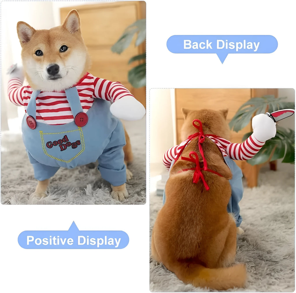 Striped Halloween harness pants costume for dogs and cats with fake knife prop, three-piece set