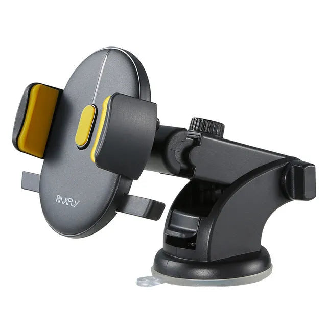Yellow and black car phone holder with telescopic arm and suction cup mount on dashboard