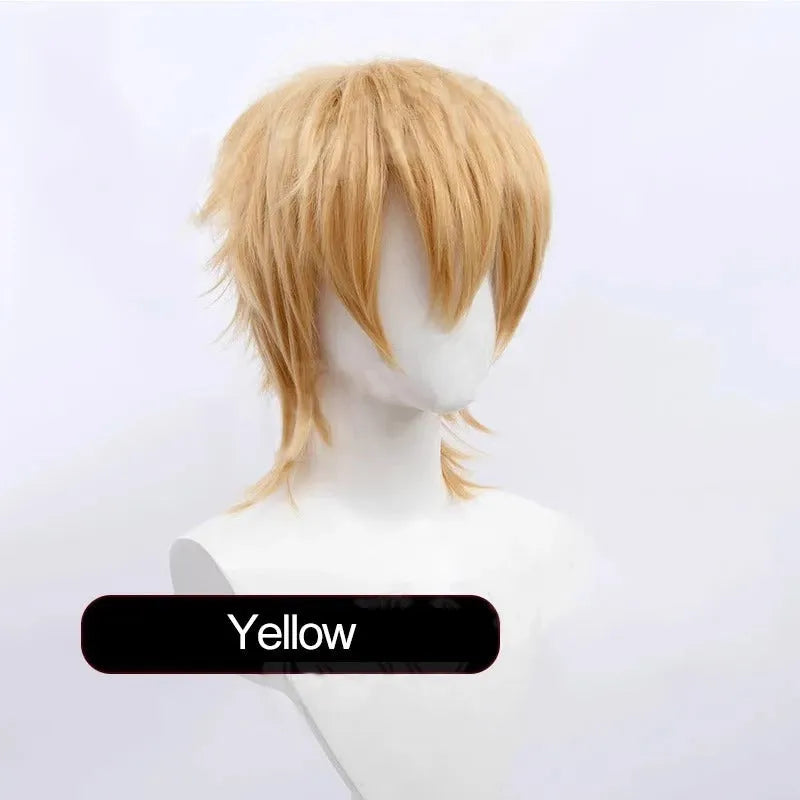 Short black and red anime cosplay wig for men with a lengthened hair tail.