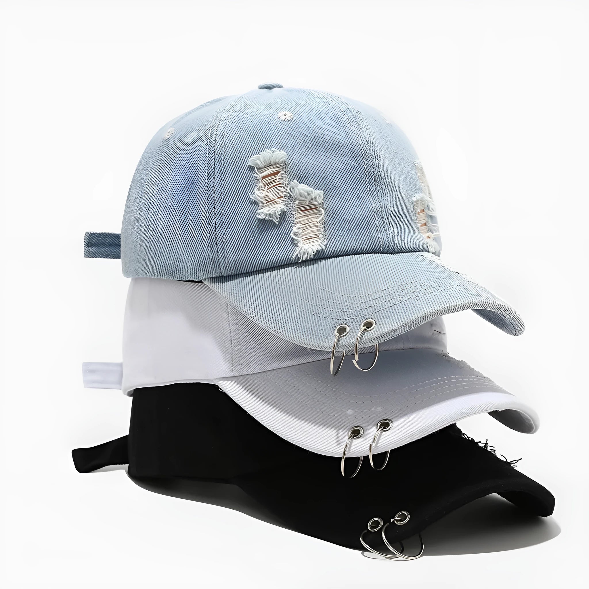 Men's adjustable denim peaked cap in street style with dome crown