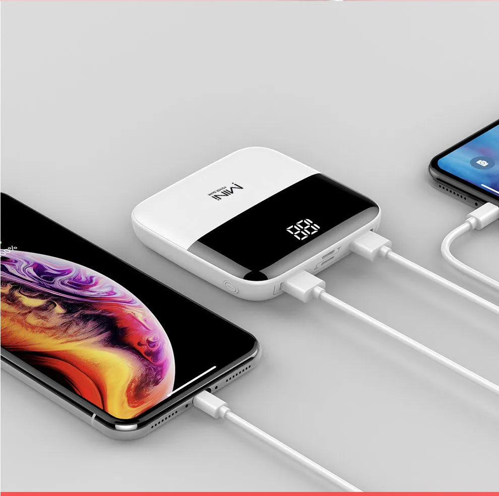 Android portable power bank with digital display showing battery percentage